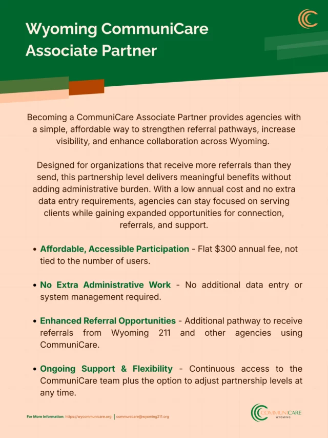 Wyoming CommuniCare one page informational marketing infogrpahic regarding associate partners