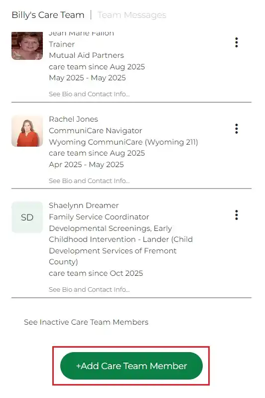 Adding a care team member button
